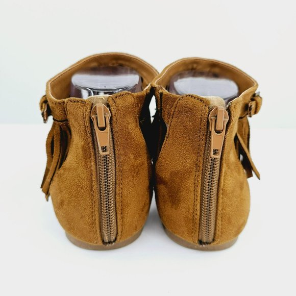 Indigo Rd Cross Fringe Sandals 8.5 Brown Ankle Cuff Zip Back Studs T Strap Boho - Picture 8 of 14